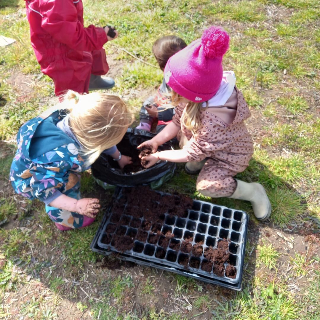 Children kneeling on the grass planting seed trays together